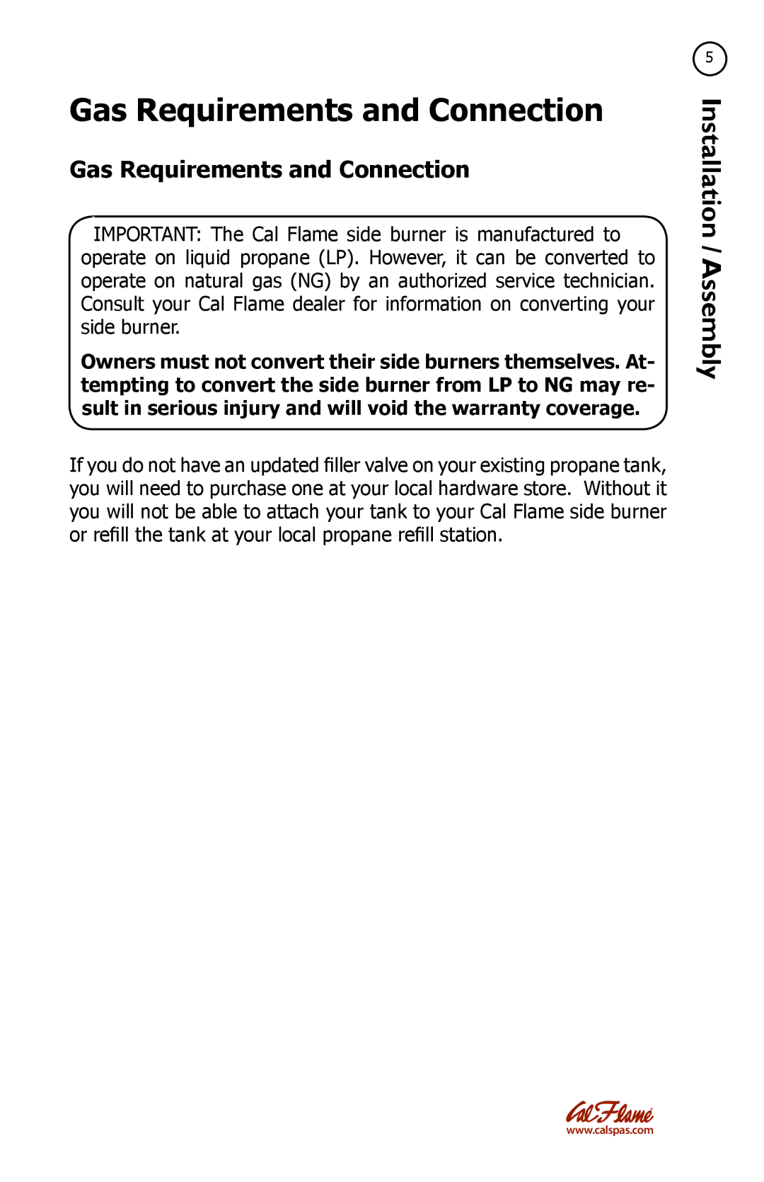 Cal Flame LTR20091082 manual Gas Requirements and Connection 