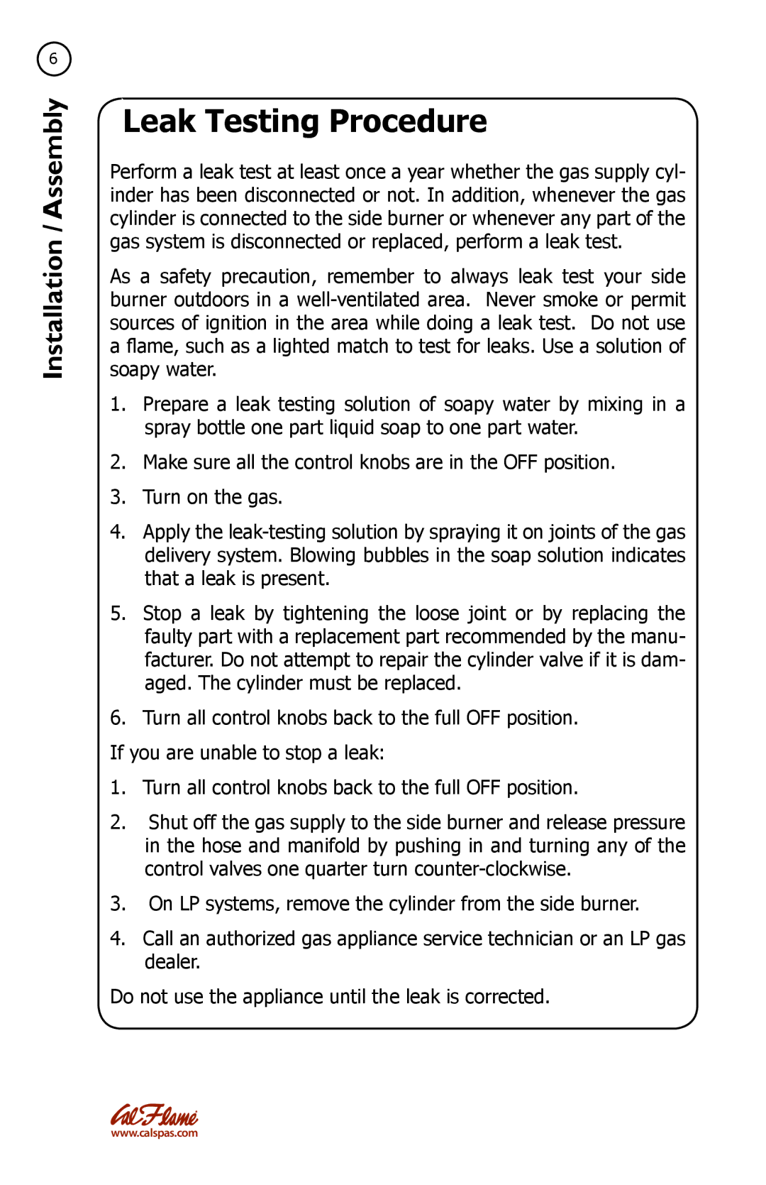 Cal Flame LTR20091082 manual Leak Testing Procedure 