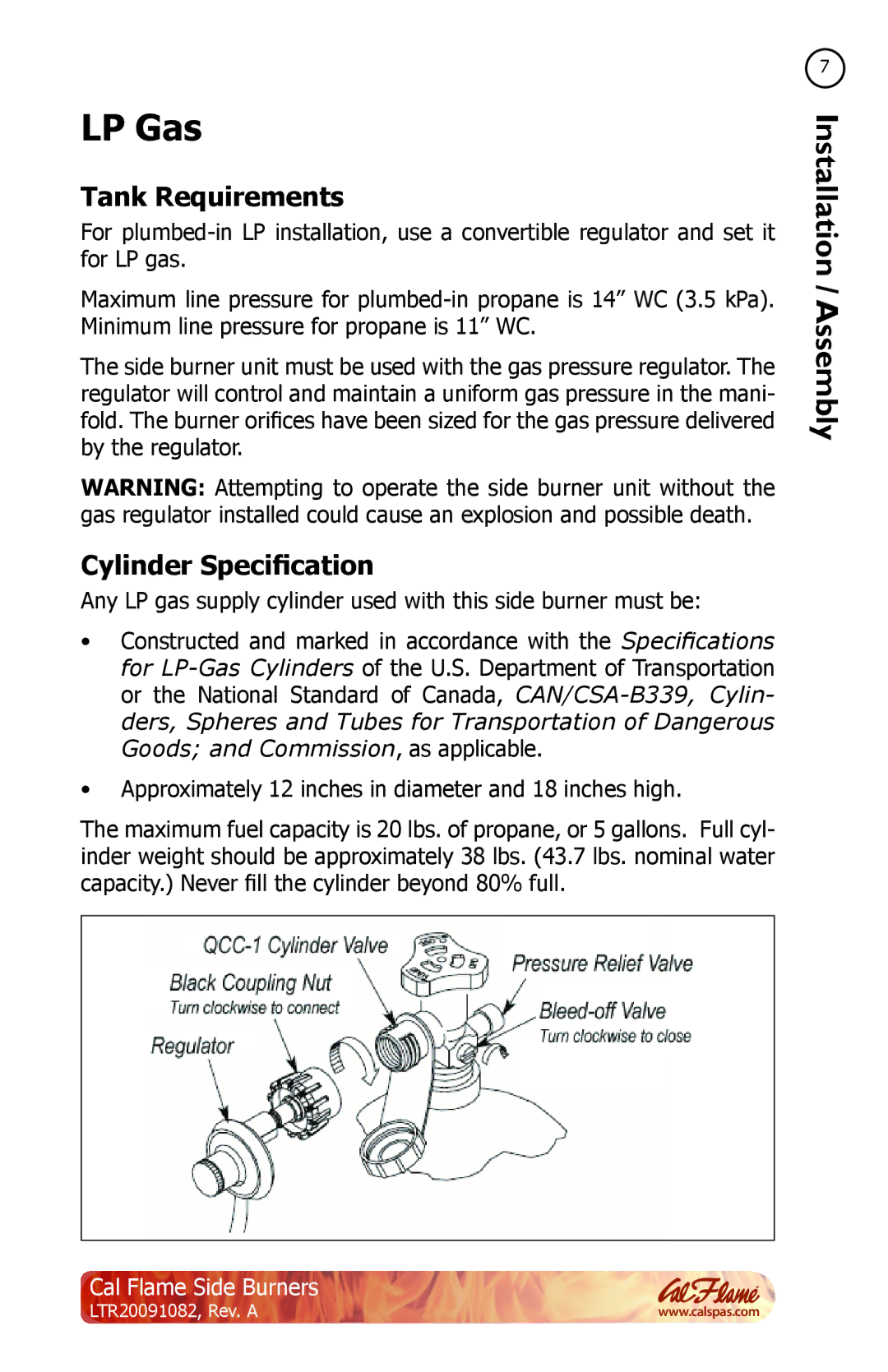 Cal Flame LTR20091082 manual LP Gas, Tank Requirements, Cylinder Specification 