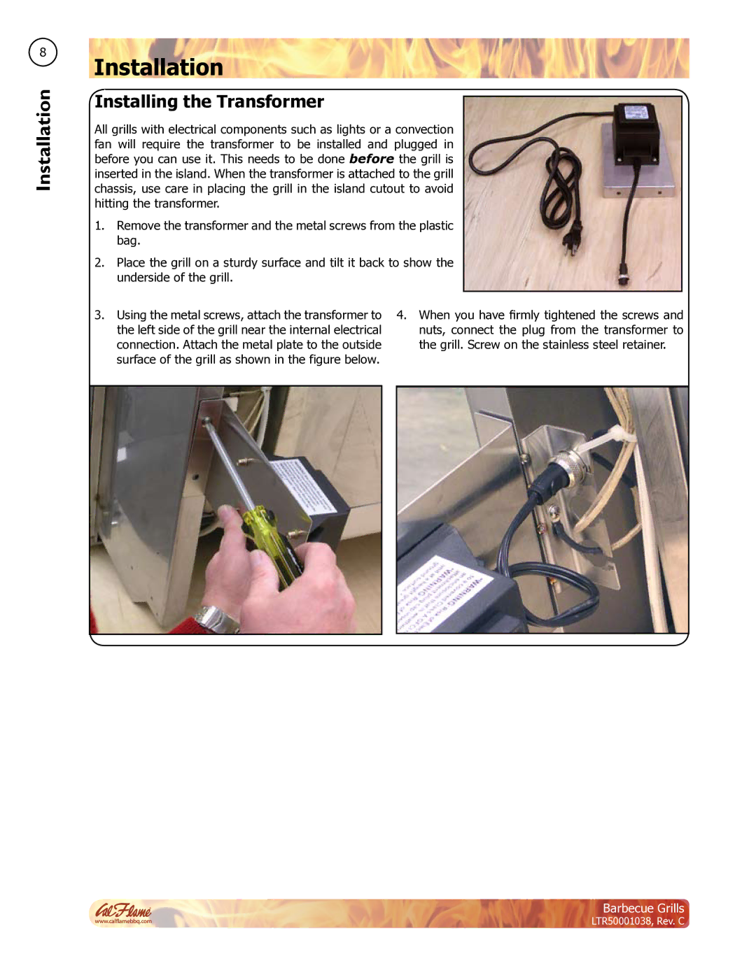 Cal Flame LTR50001038 manual Installation, Installing the Transformer 