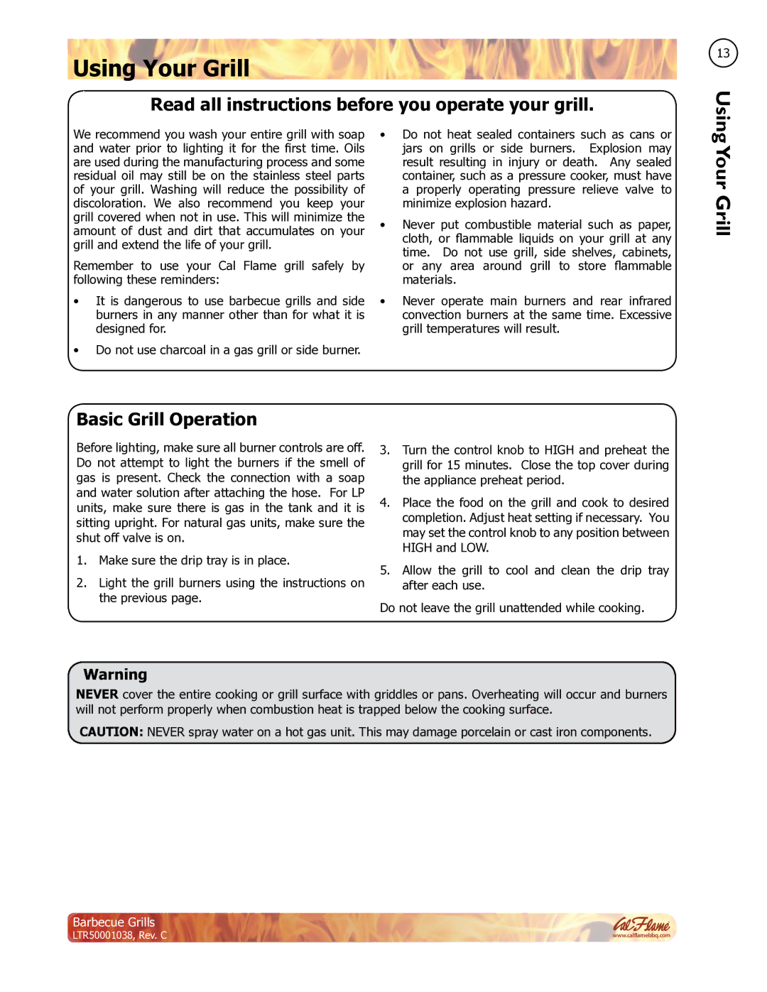 Cal Flame LTR50001038 manual Using Your Grill, Basic Grill Operation 