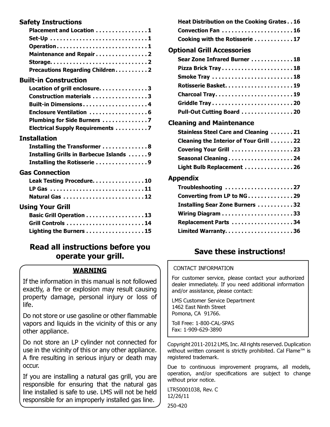 Cal Flame LTR50001038 manual Read all instructions before you Operate your grill 