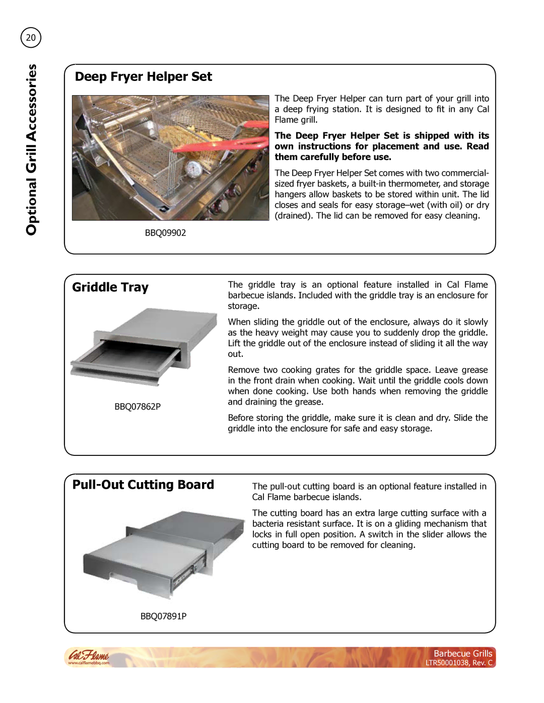 Cal Flame LTR50001038 manual Deep Fryer Helper Set, Griddle Tray, Pull-Out Cutting Board 