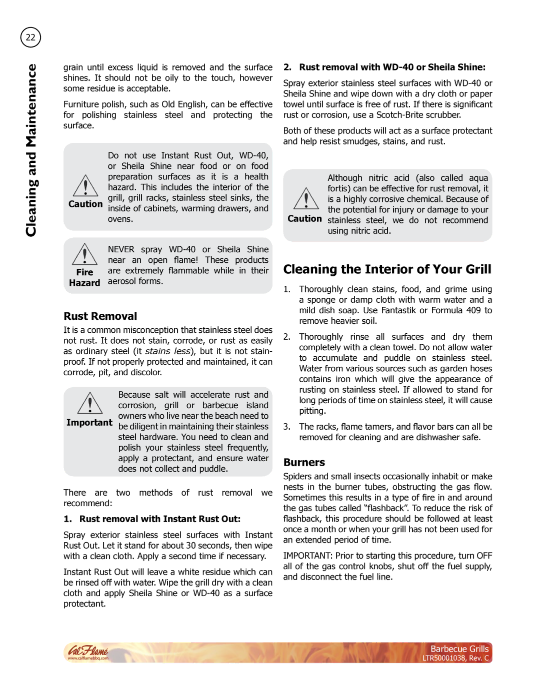 Cal Flame LTR50001038 manual Cleaning the Interior of Your Grill, Rust Removal, Burners, Rust removal with Instant Rust Out 