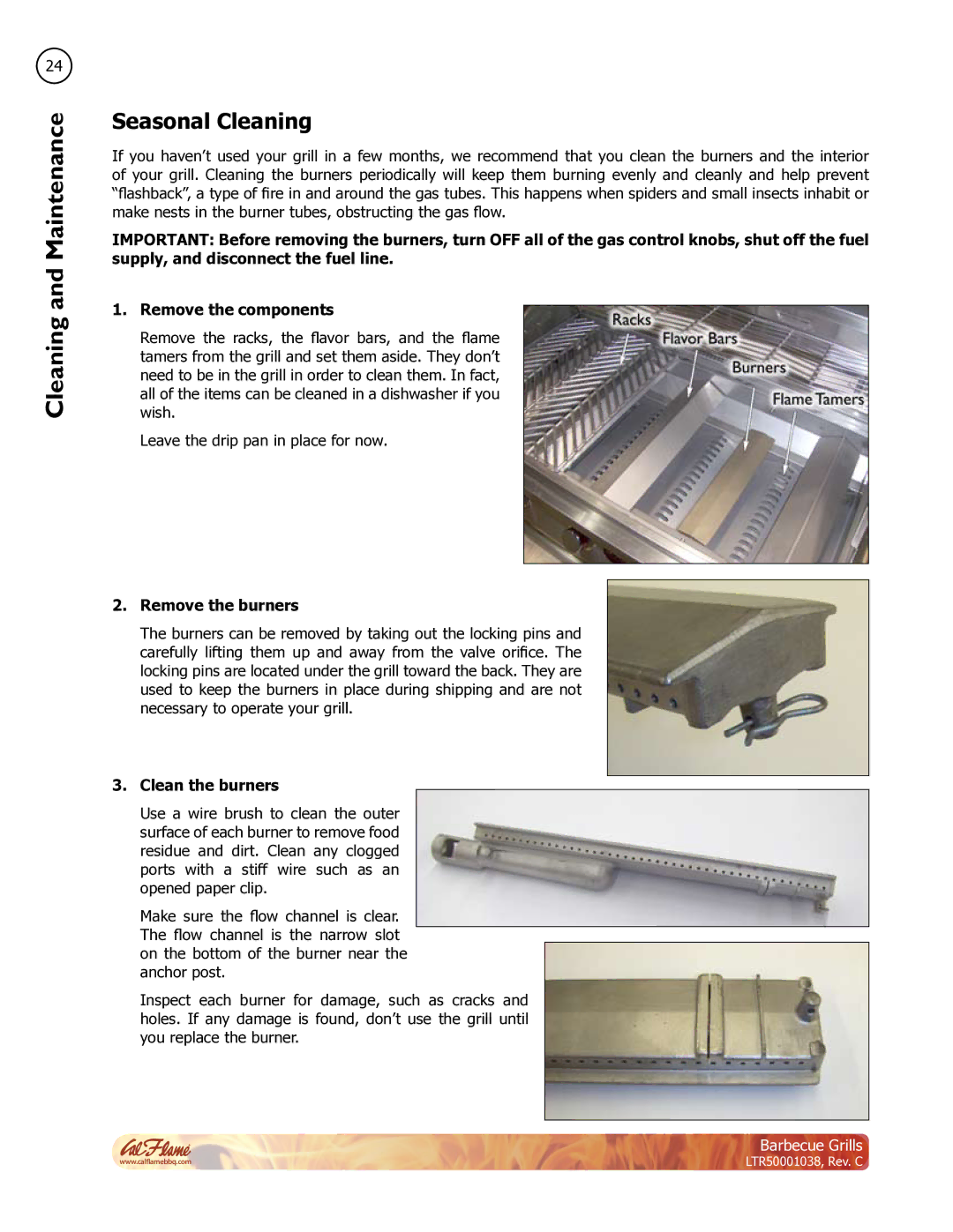 Cal Flame LTR50001038 manual Seasonal Cleaning, Remove the burners, Clean the burners 