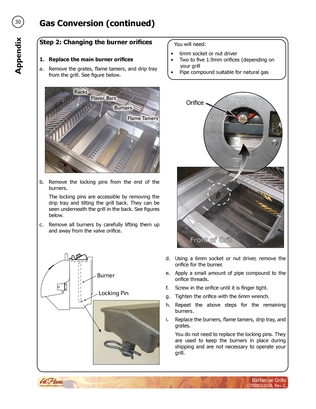 Cal Flame LTR50001038 manual Changing the burner orifices, Replace the main burner orifices 