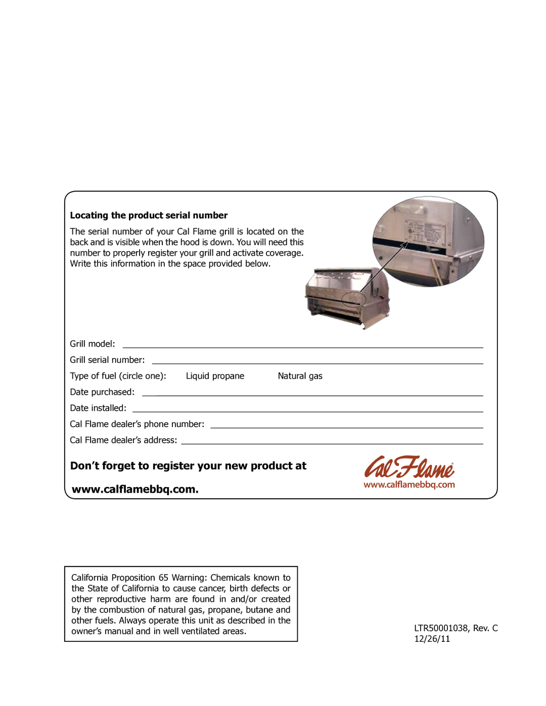 Cal Flame LTR50001038 manual Don’t forget to register your new product at, Locating the product serial number 