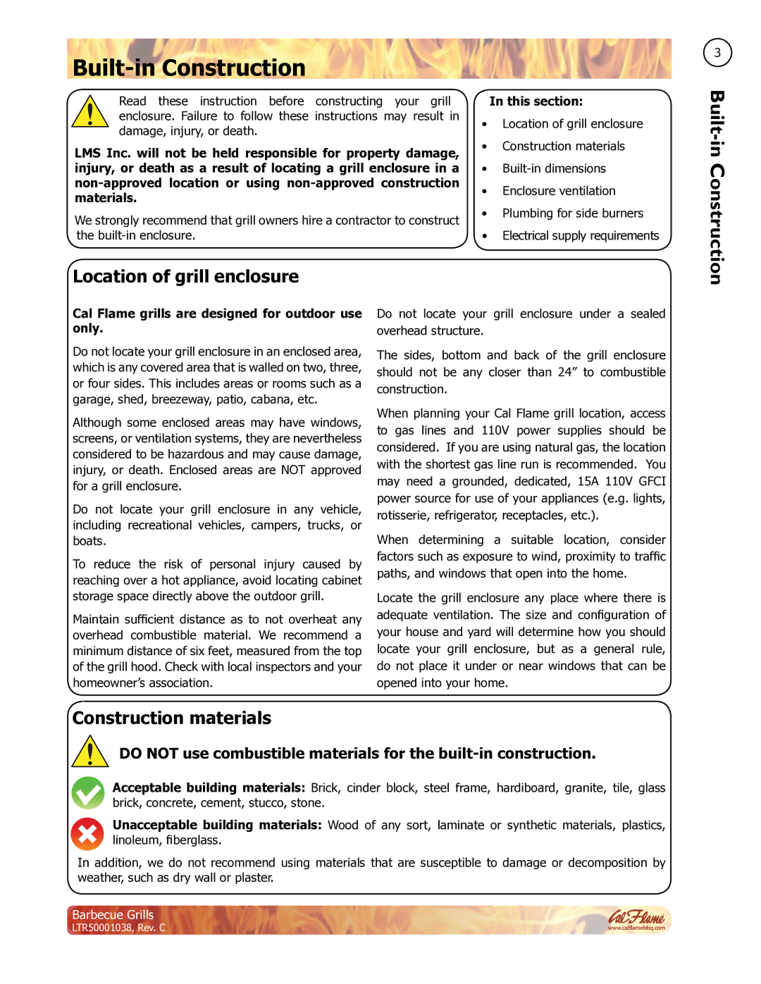 Cal Flame LTR50001038 manual Built-in Construction, Location of grill enclosure, Construction materials, This section 