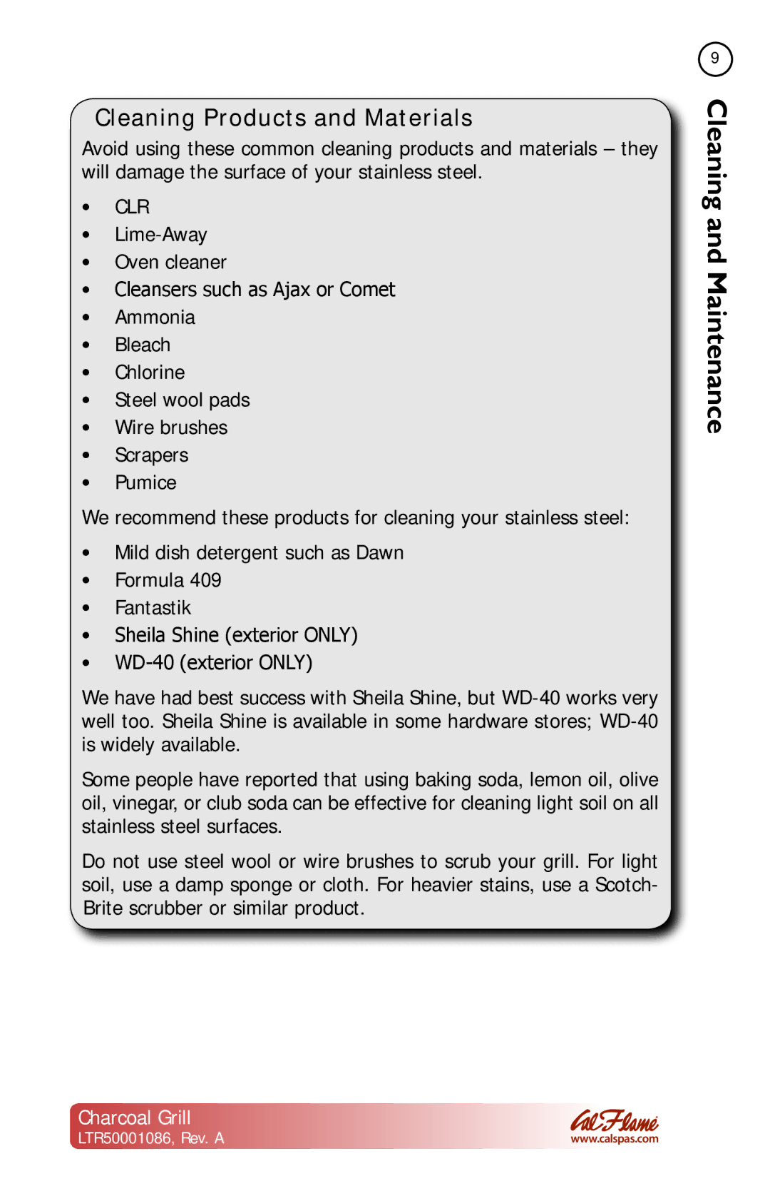 Cal Flame LTR50001086 manual Cleaning Products and Materials, Clr 