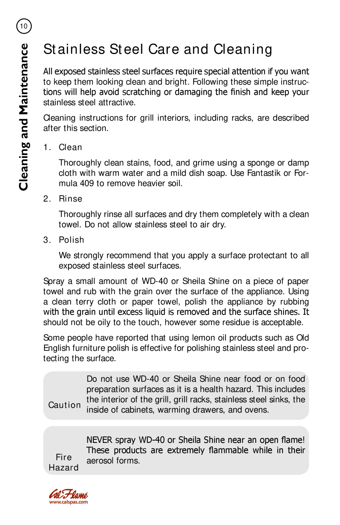 Cal Flame LTR50001086 manual Stainless Steel Care and Cleaning 