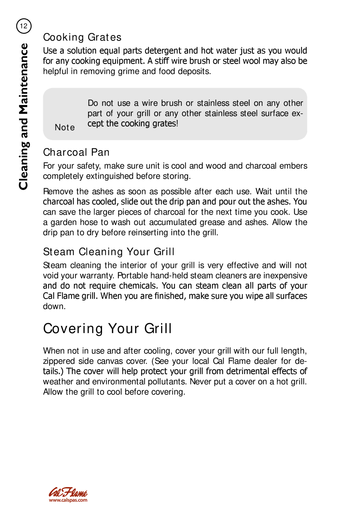 Cal Flame LTR50001086 manual Covering Your Grill, Cooking Grates, Charcoal Pan, Steam Cleaning Your Grill 