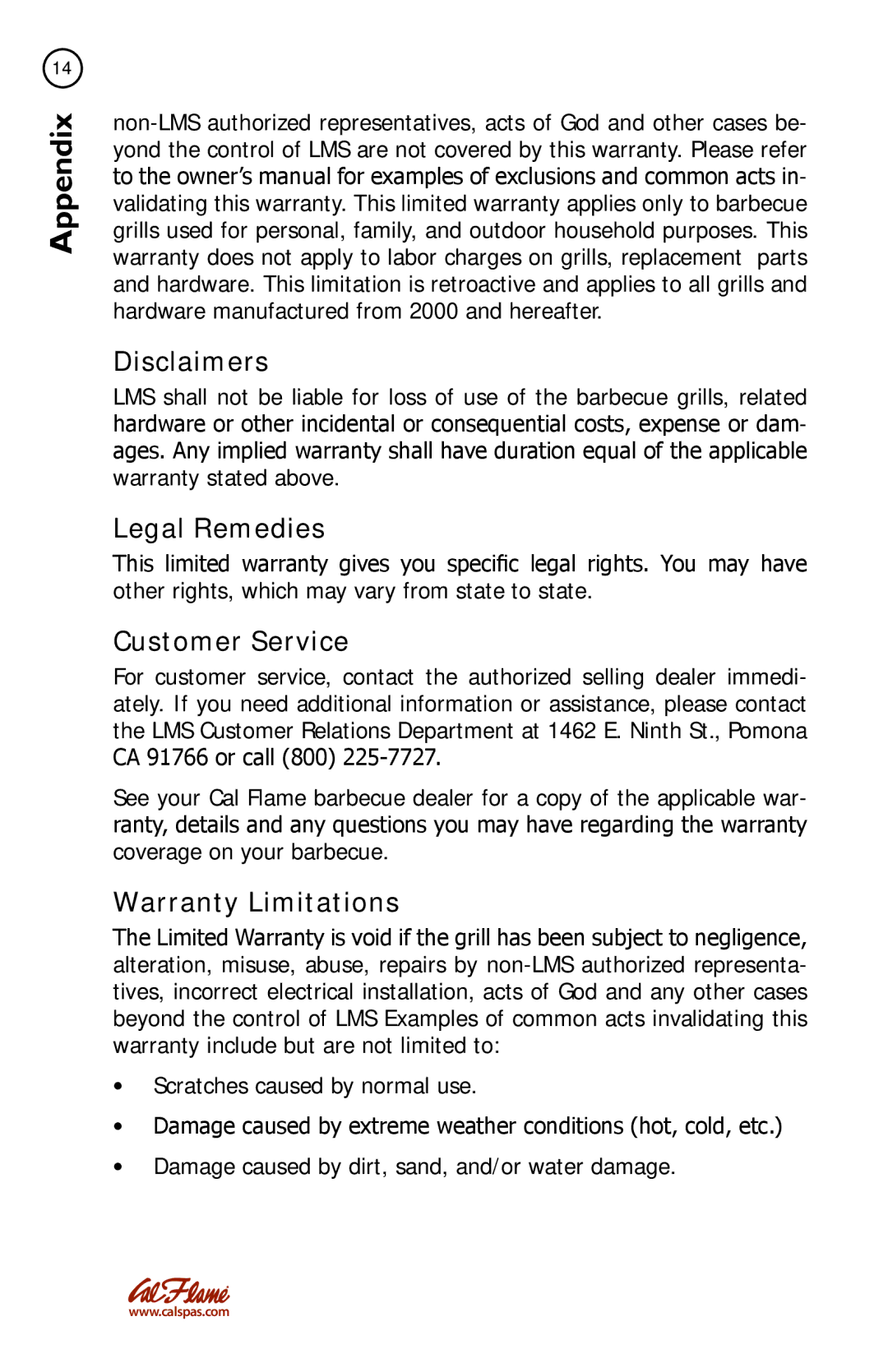 Cal Flame LTR50001086 manual Disclaimers, Legal Remedies, Customer Service 