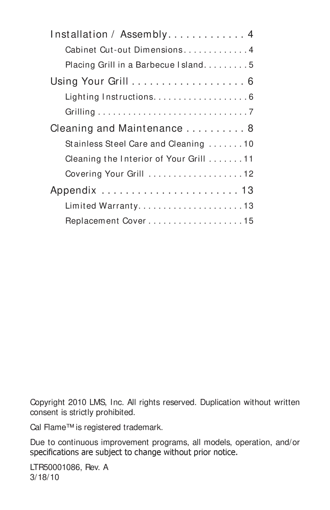 Cal Flame LTR50001086 manual Installation / Assembly, Using Your Grill, Cleaning and Maintenance, Appendix 