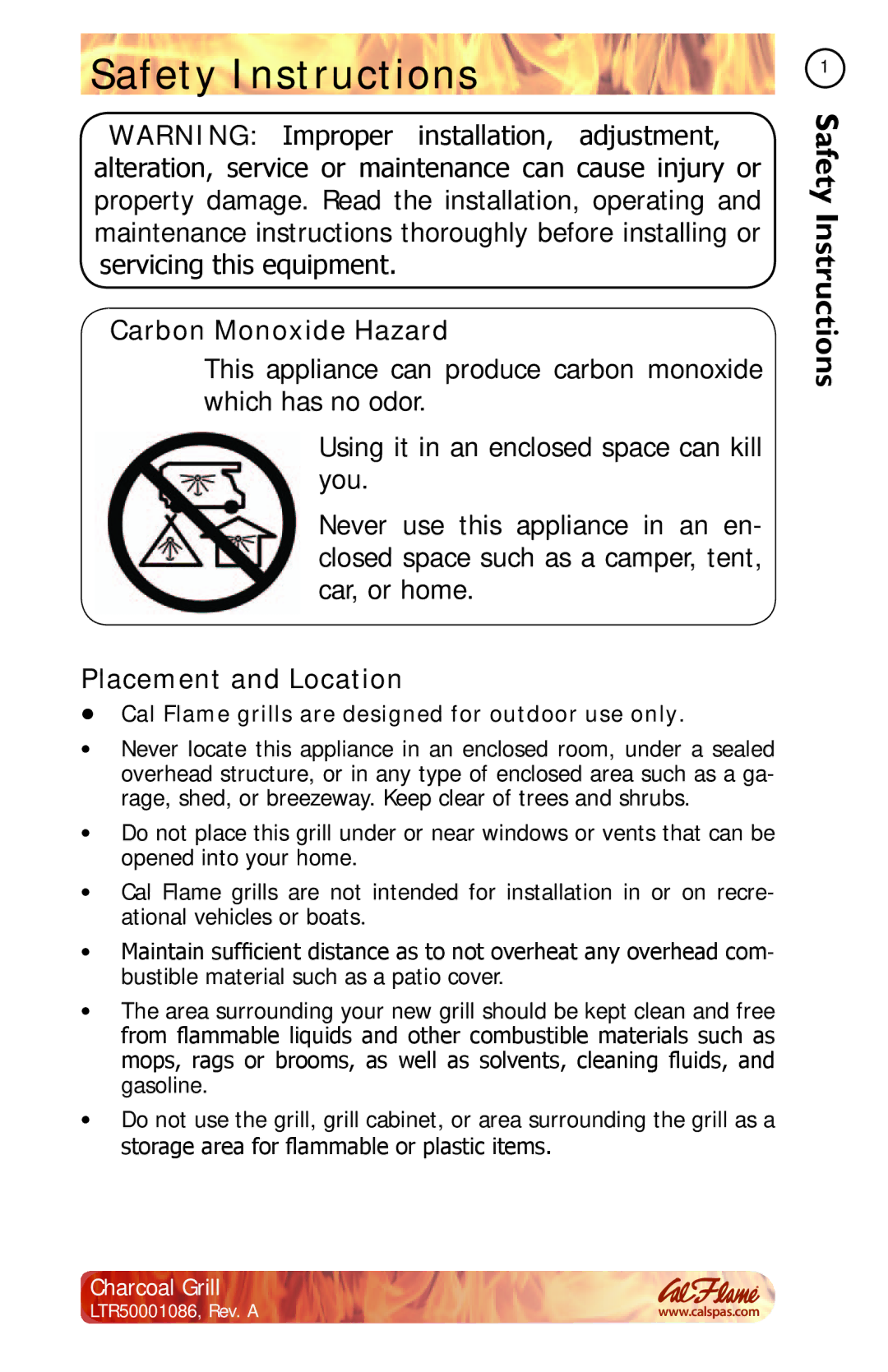 Cal Flame LTR50001086 manual Safety Instructions, Carbon Monoxide Hazard, Placement and Location 