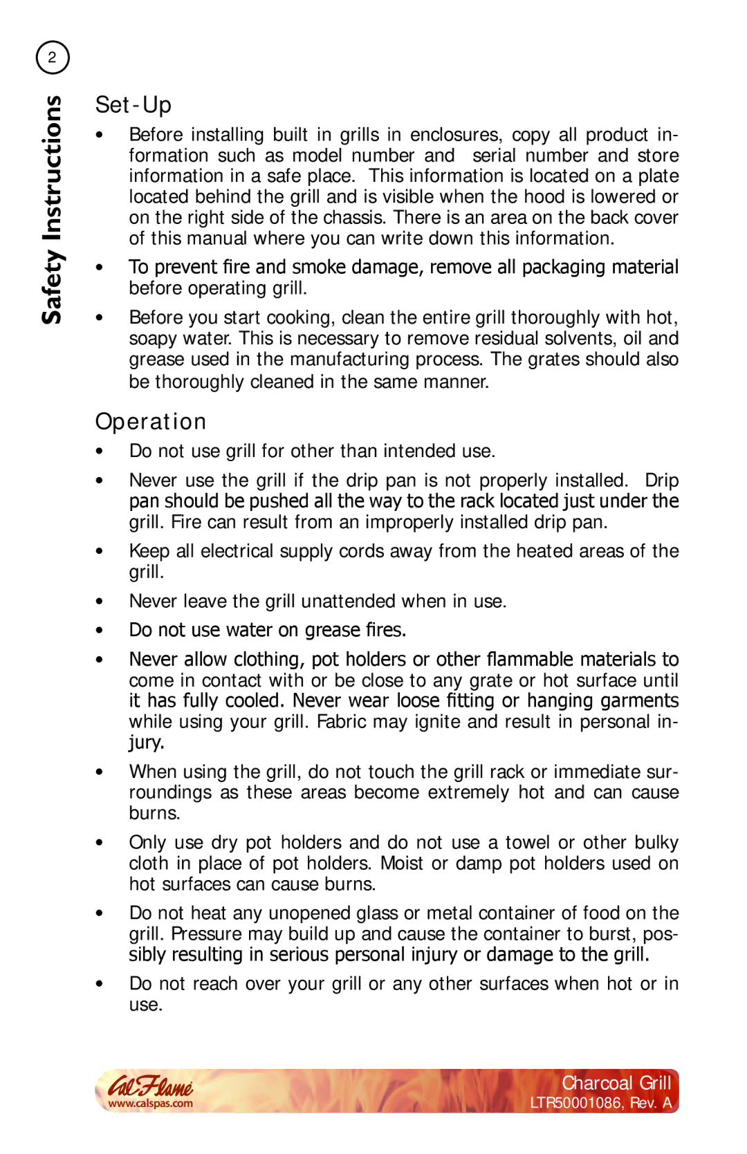 Cal Flame LTR50001086 manual Set-Up, Operation 