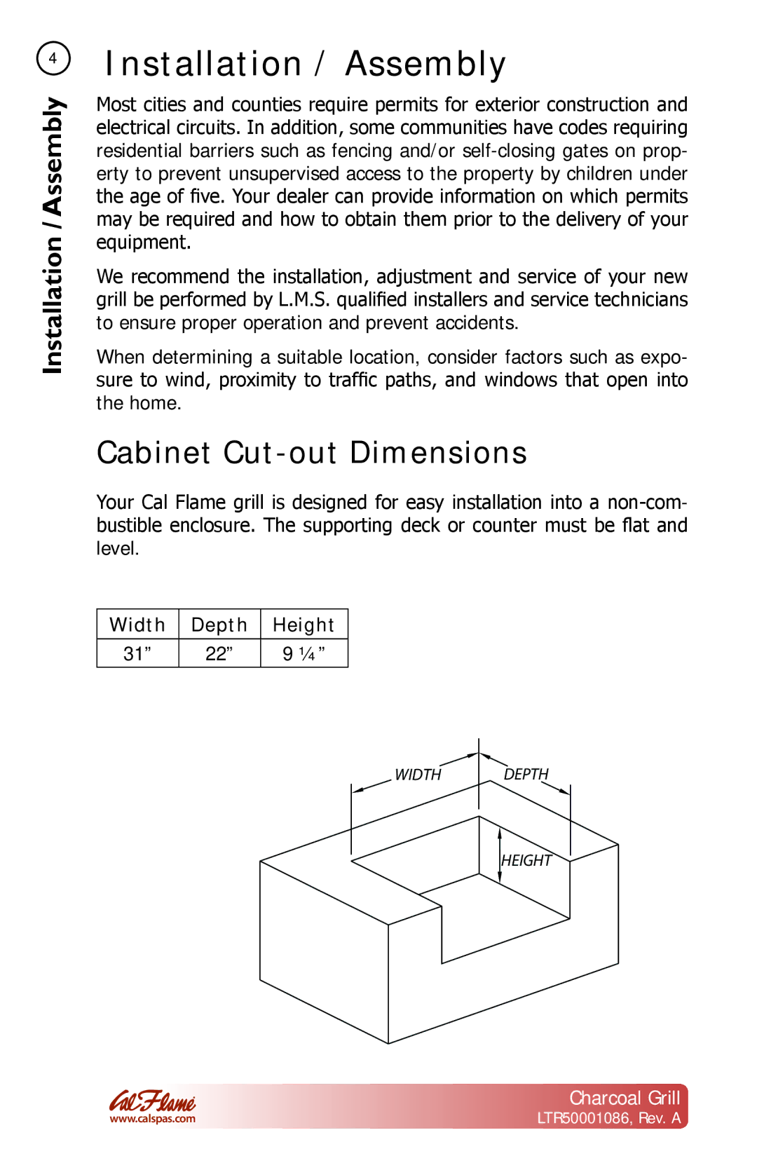 Cal Flame LTR50001086 manual Installation / Assembly, Cabinet Cut-out Dimensions 