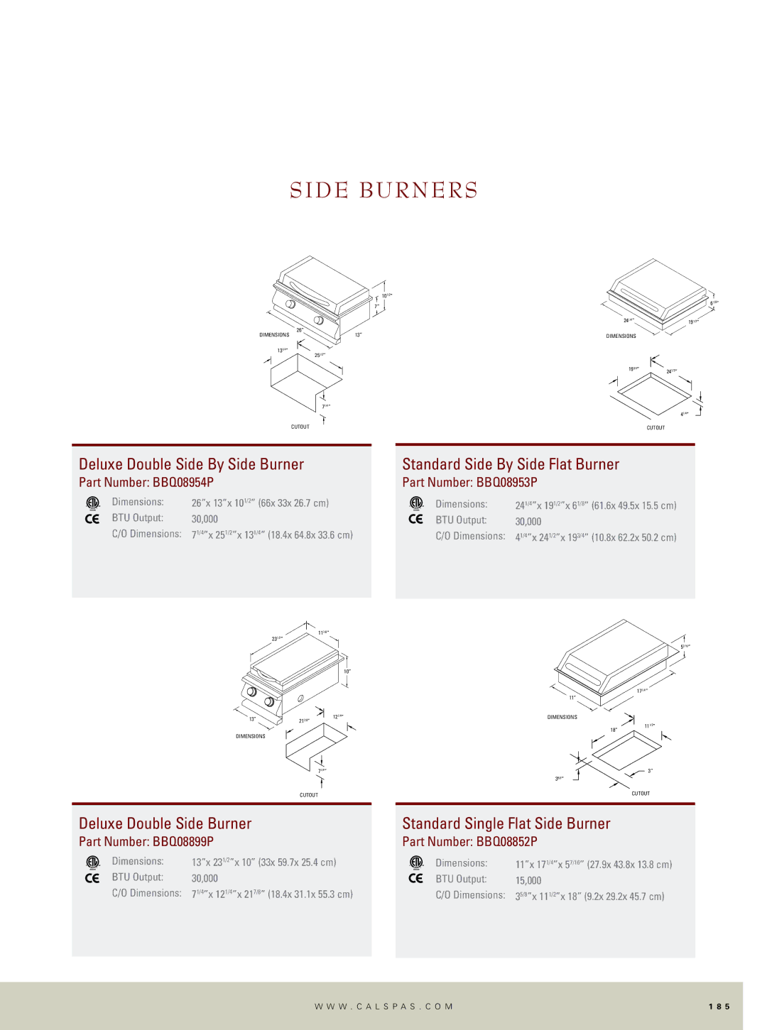 Cal Flame Outdoor Kitchen manual Side burners, Deluxe Double Side Burner Standard Single Flat Side Burner 
