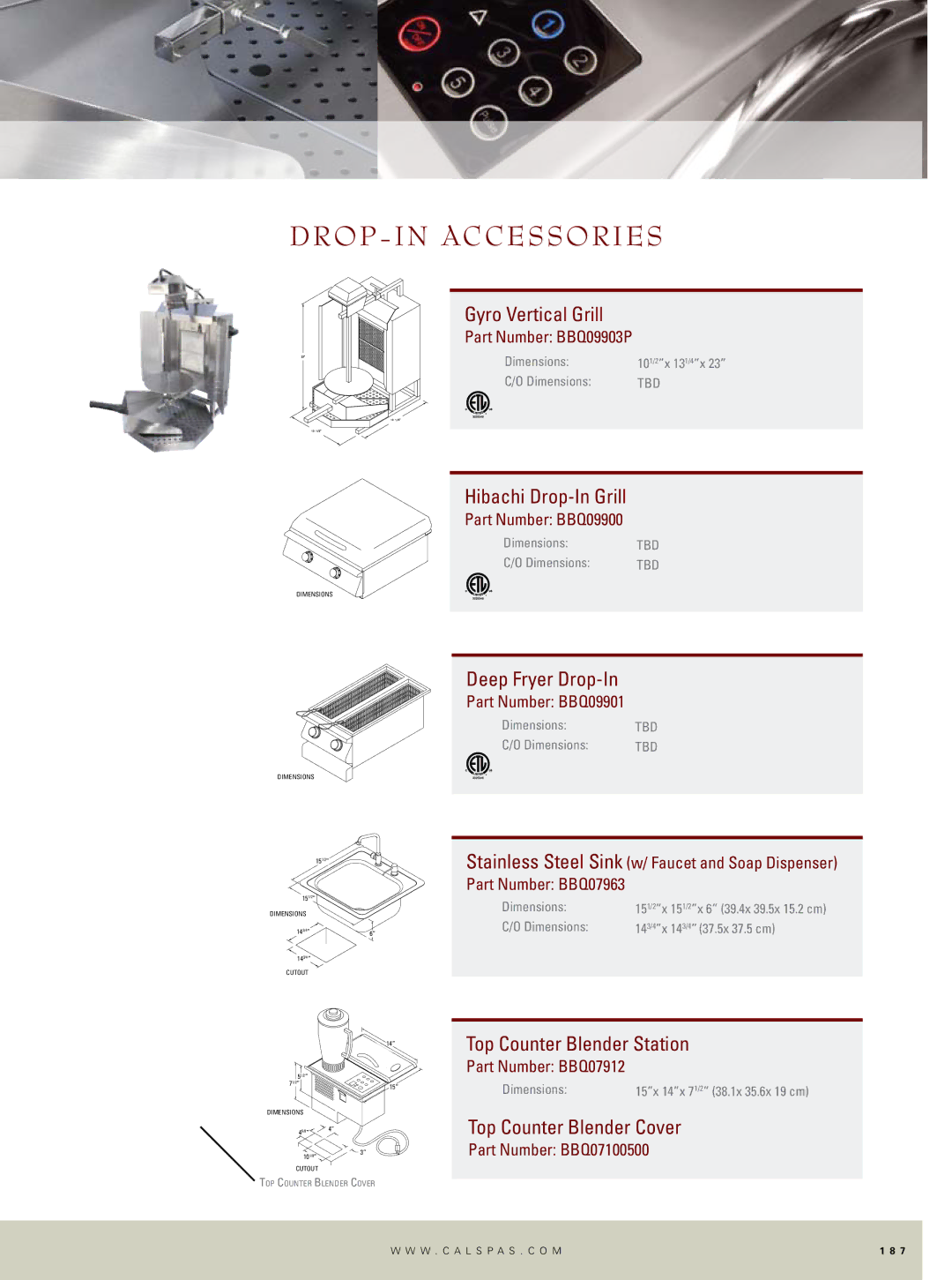 Cal Flame Outdoor Kitchen Gyro Vertical Grill, Hibachi Drop-In Grill, Deep Fryer Drop-In, Top Counter Blender Station 