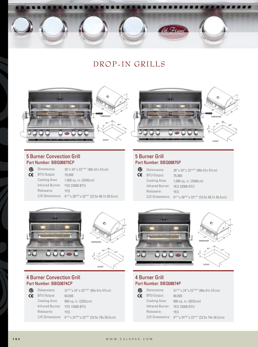 Cal Flame Outdoor Kitchen manual Drop-in grills, Burner Convection Grill, Burner Grill 