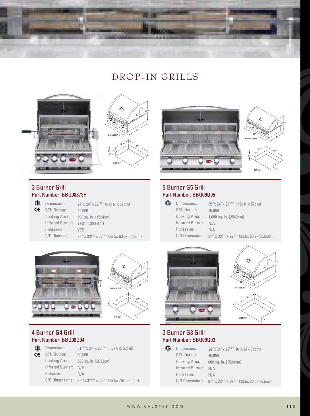 Cal Flame Outdoor Kitchen manual Burner G5 Grill, Burner G4 Grill, Burner G3 Grill 