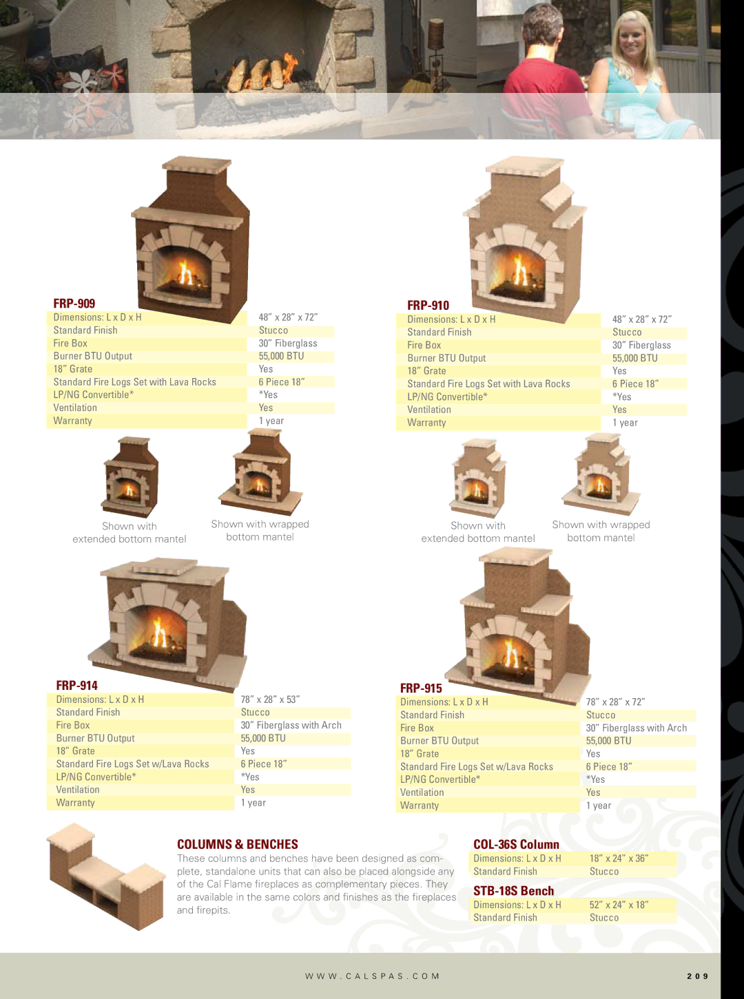 Cal Flame Outdoor Woodburning Fireplace manual FRP-909, FRP-910, FRP-914, FRP-915, COL-36S Column, STB-18S Bench 