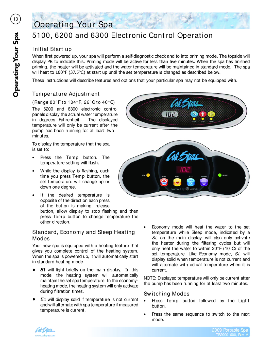 Cal Flame Portable Spa manual Operating Your Spa, OperatingYour Spa, 5100, 6200 and 6300 Electronic Control Operation 