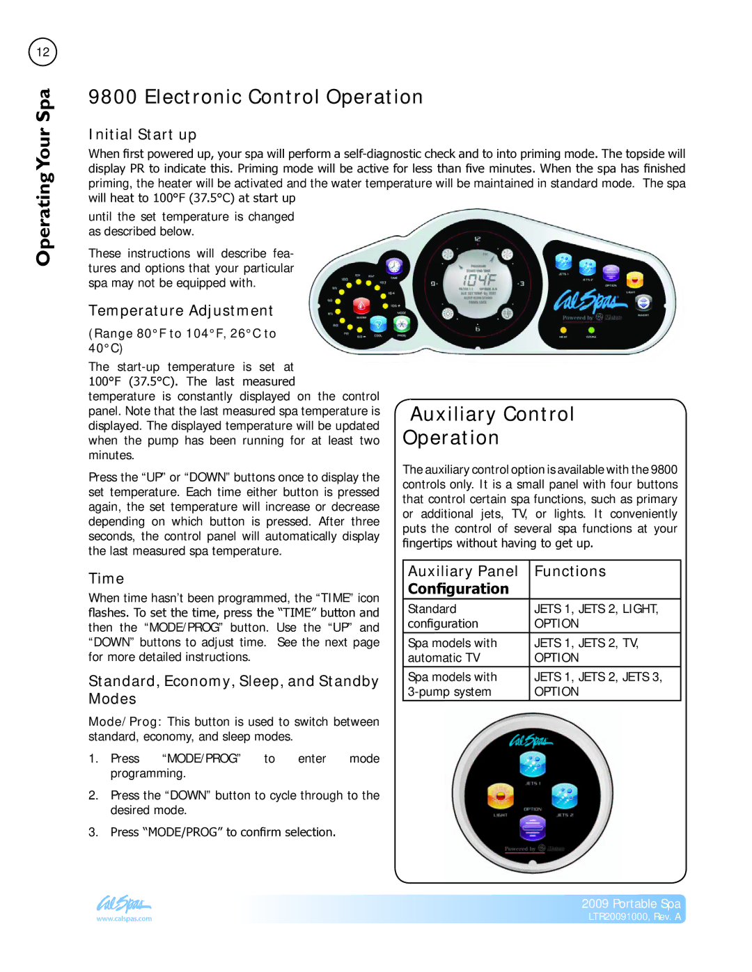 Cal Flame Portable Spa manual Your Spa, Electronic Control Operation, Auxiliary Control Operation 