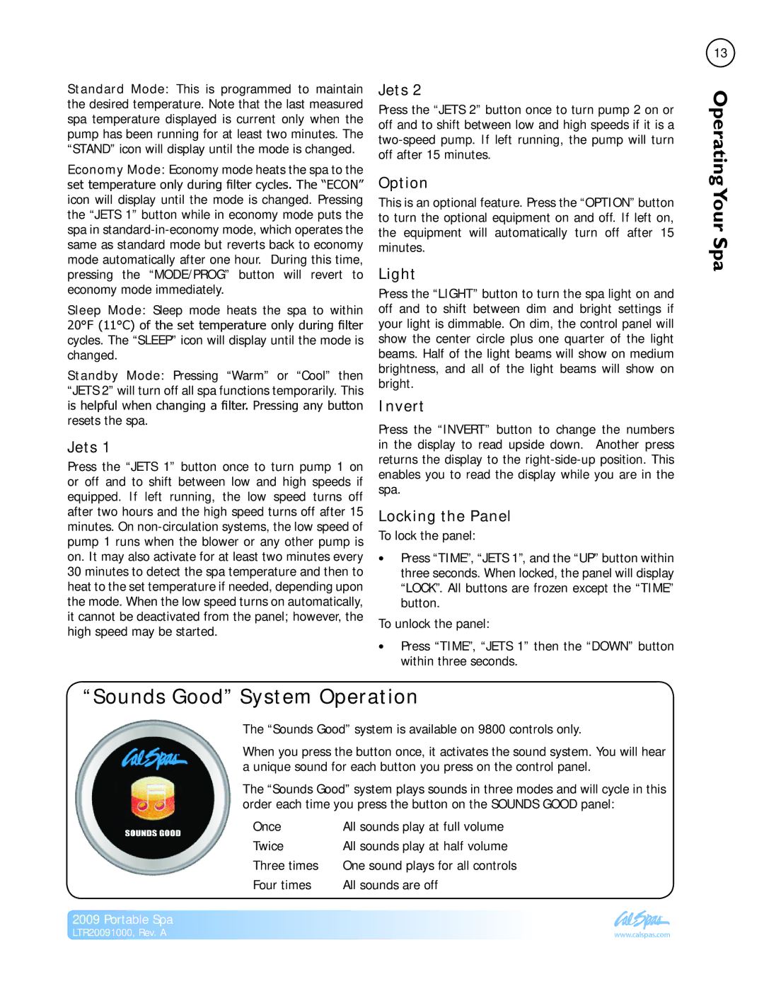 Cal Flame Portable Spa manual Sounds Good System Operation, Invert, Locking the Panel 