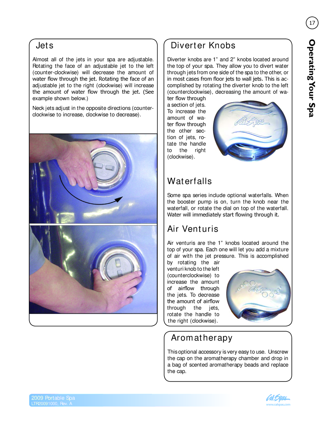 Cal Flame Portable Spa manual Jets, Diverter Knobs, Waterfalls, Air Venturis, Aromatherapy 