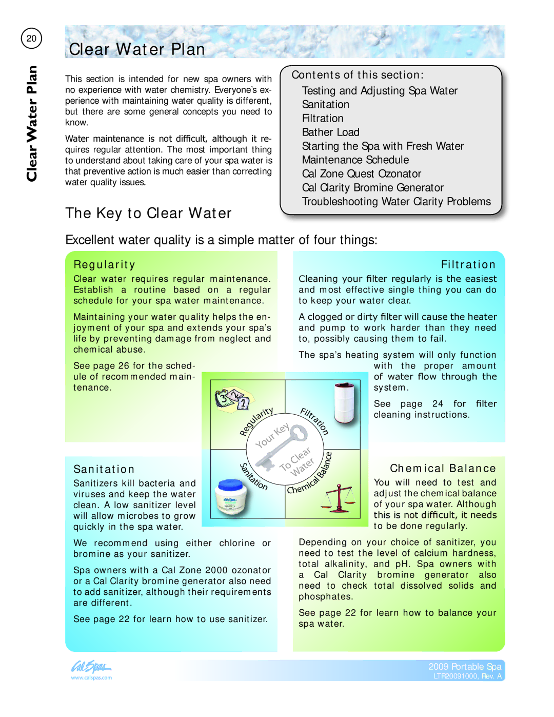 Cal Flame Portable Spa manual Clear Water Plan, Clear PlanWater, Key to Clear Water, Contents of this section 