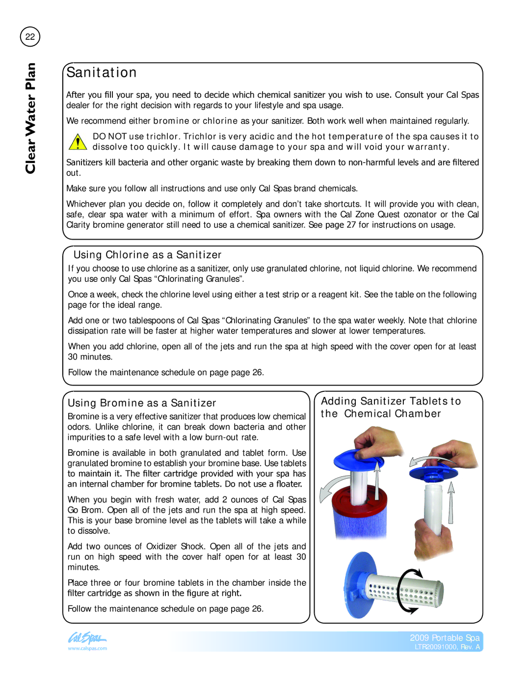 Cal Flame Portable Spa manual Sanitation, Using Chlorine as a Sanitizer, Using Bromine as a Sanitizer 