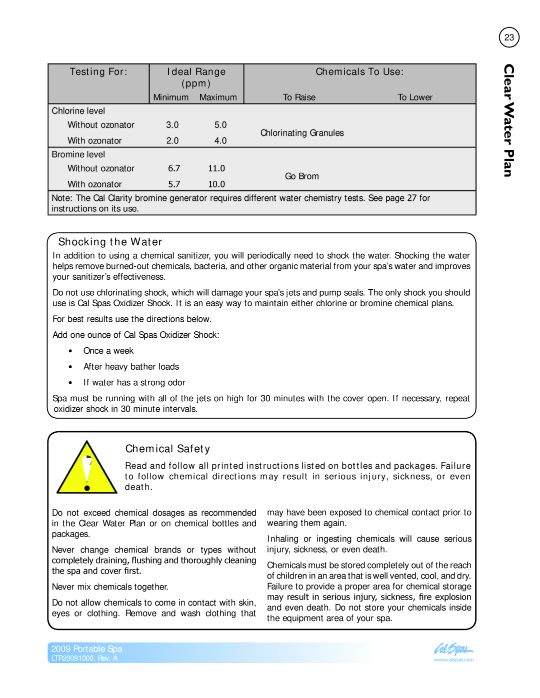 Cal Flame Portable Spa manual Shocking the Water, Chemical Safety 