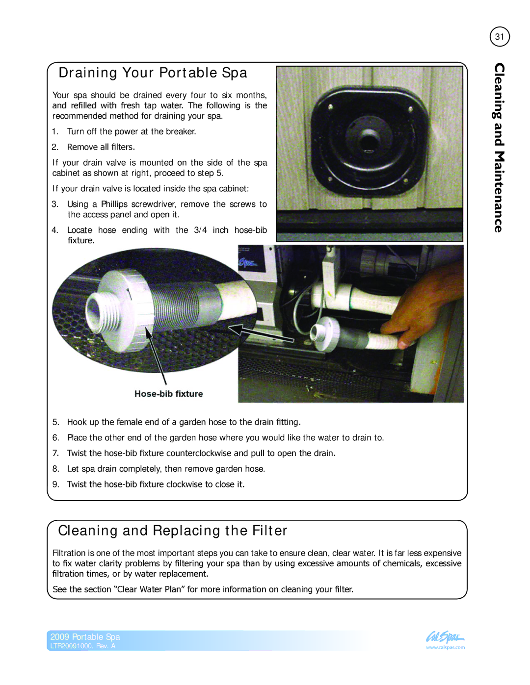 Cal Flame manual Draining Your Portable Spa, Cleaning and Replacing the Filter 