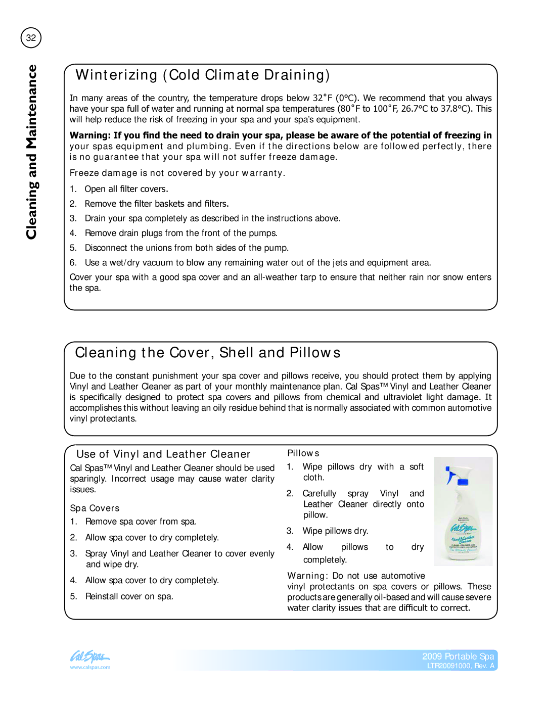 Cal Flame Portable Spa manual Winterizing Cold Climate Draining, Cleaning the Cover, Shell and Pillows 