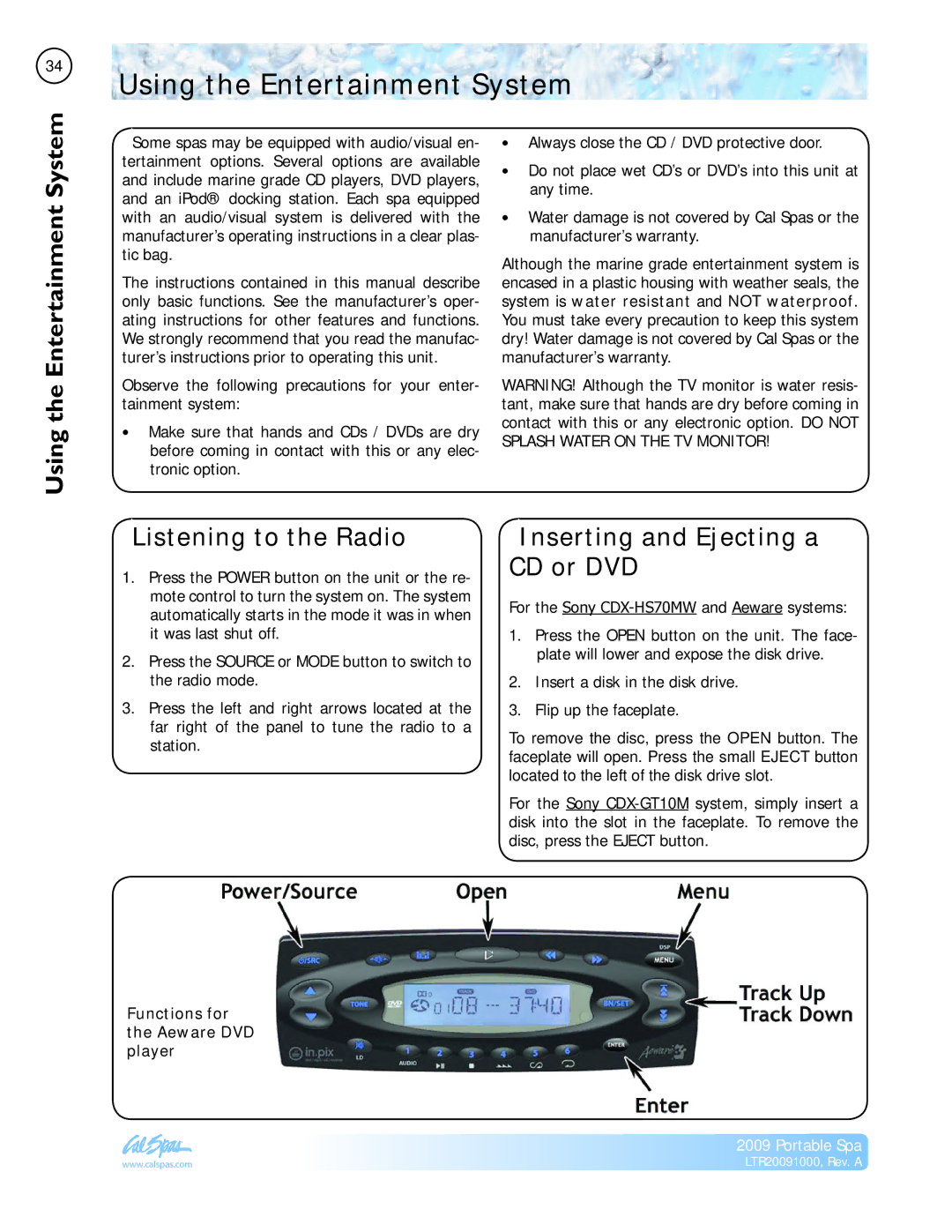 Cal Flame Portable Spa manual Using the Entertainment System, TheUsing SystemEntertainment, Listening to the Radio 