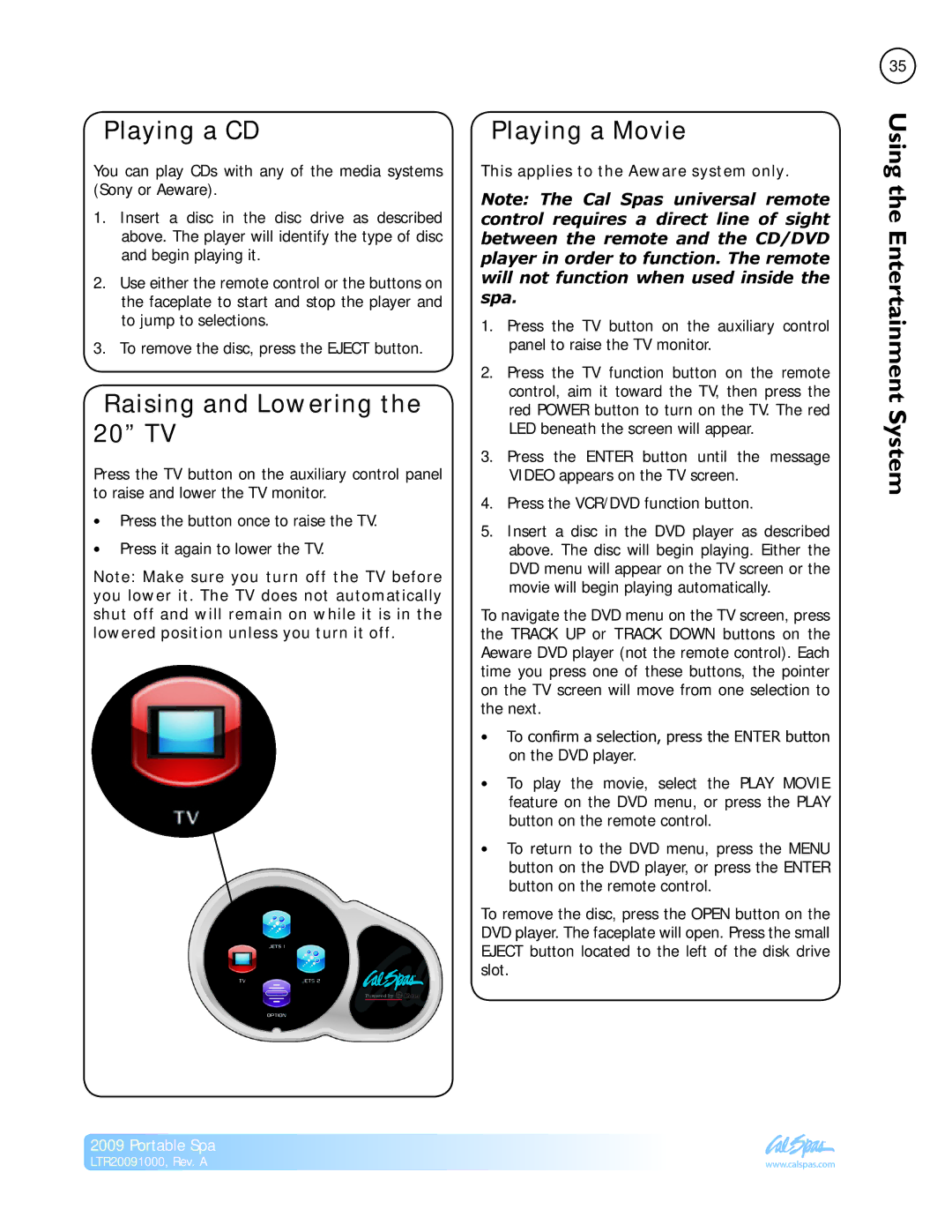 Cal Flame Portable Spa manual Playing a CD, Raising and Lowering the 20 TV, Playing a Movie, Using the Entertainment System 