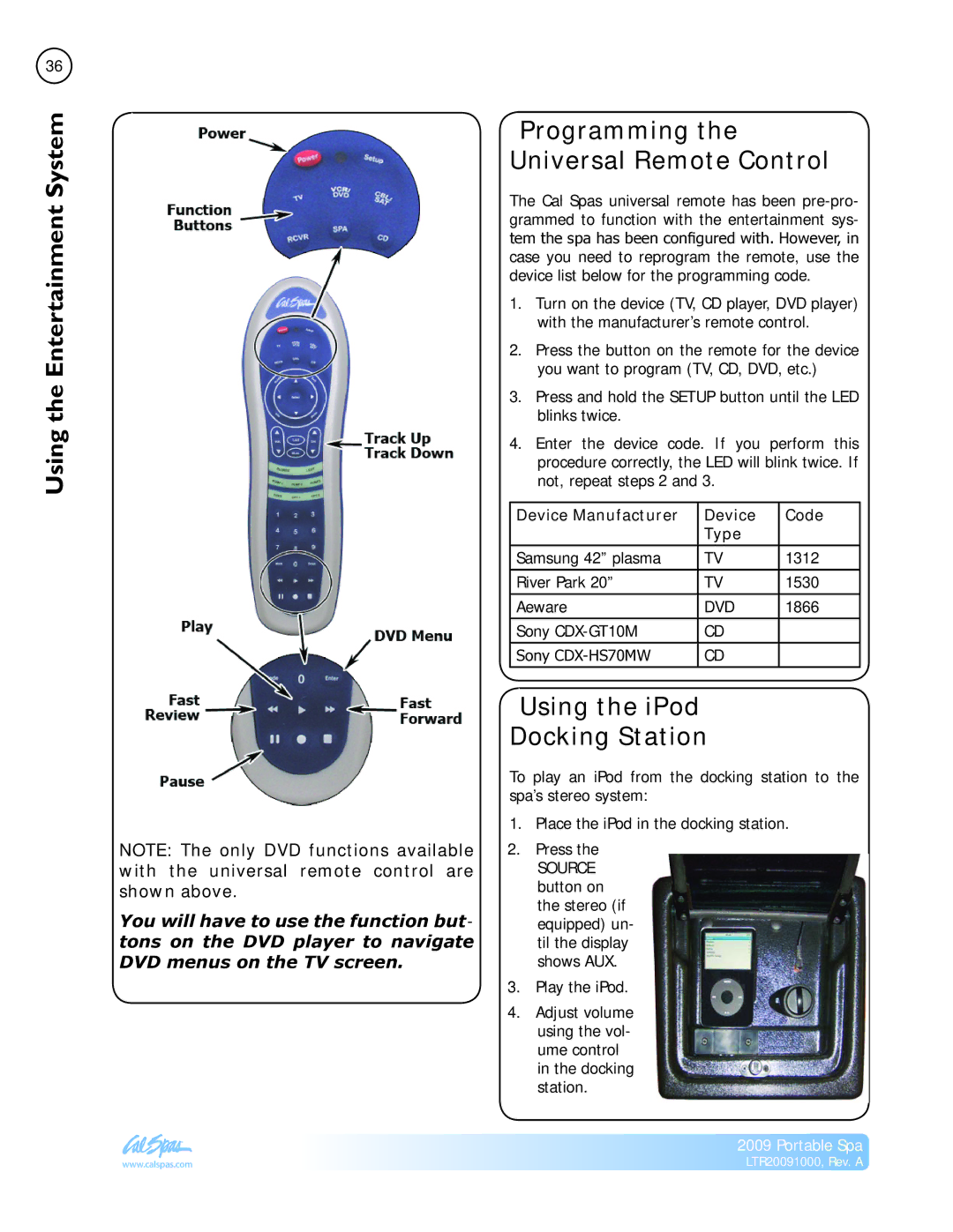 Cal Flame Portable Spa manual Programming the Universal Remote Control, Using the iPod Docking Station 