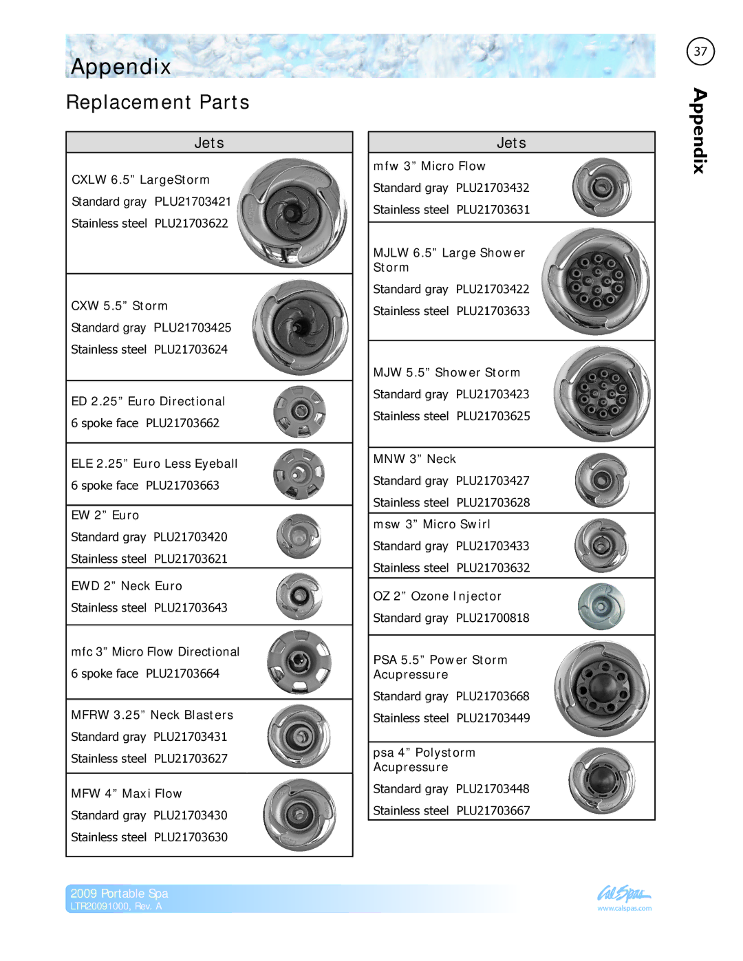 Cal Flame Portable Spa manual Appendix, Replacement Parts 