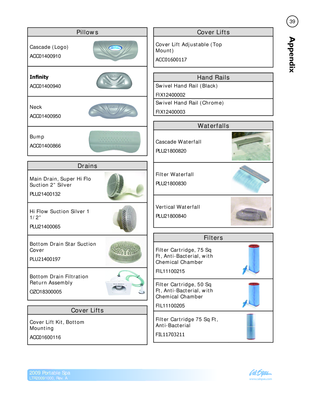 Cal Flame Portable Spa manual Drains, Cover Lifts, Hand Rails, Waterfalls, Filters 