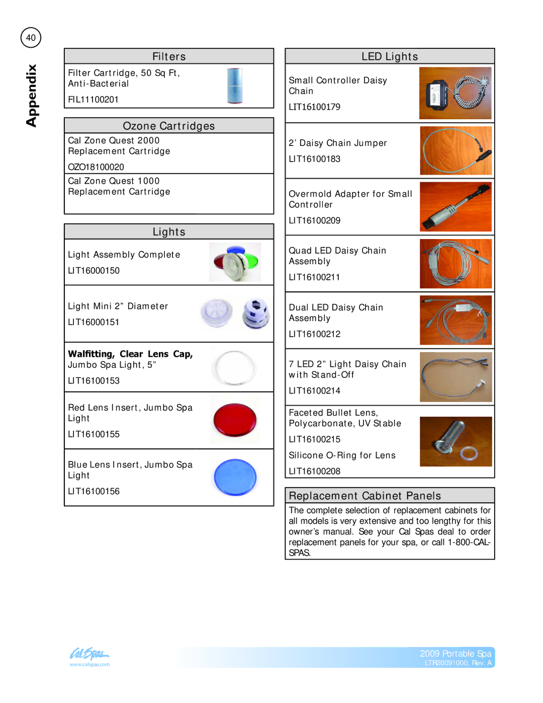 Cal Flame Portable Spa manual Ozone Cartridges, LED Lights, Replacement Cabinet Panels 