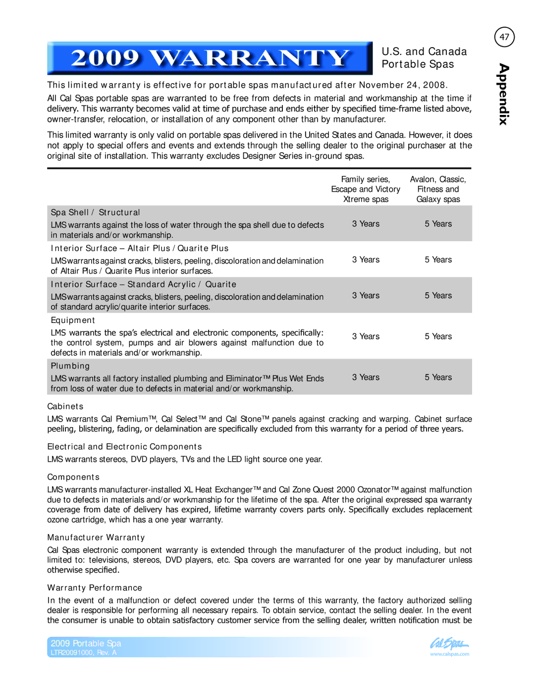 Cal Flame manual Warranty, Portable Spas 
