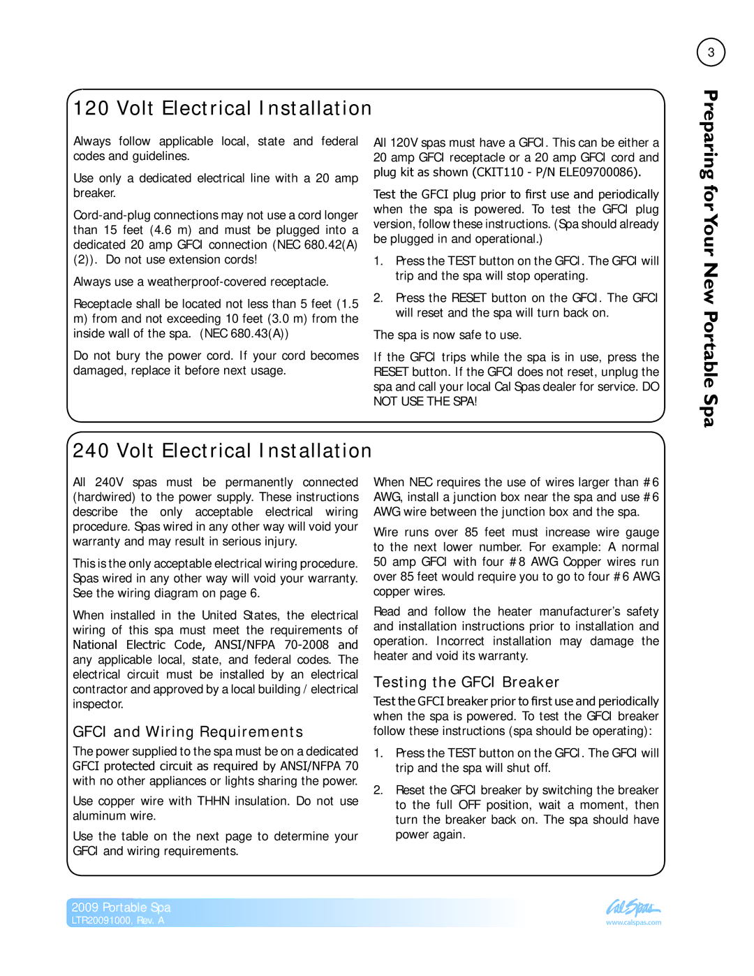 Cal Flame Portable Spa manual Volt Electrical Installation, Gfci and Wiring Requirements, Testing the Gfci Breaker 