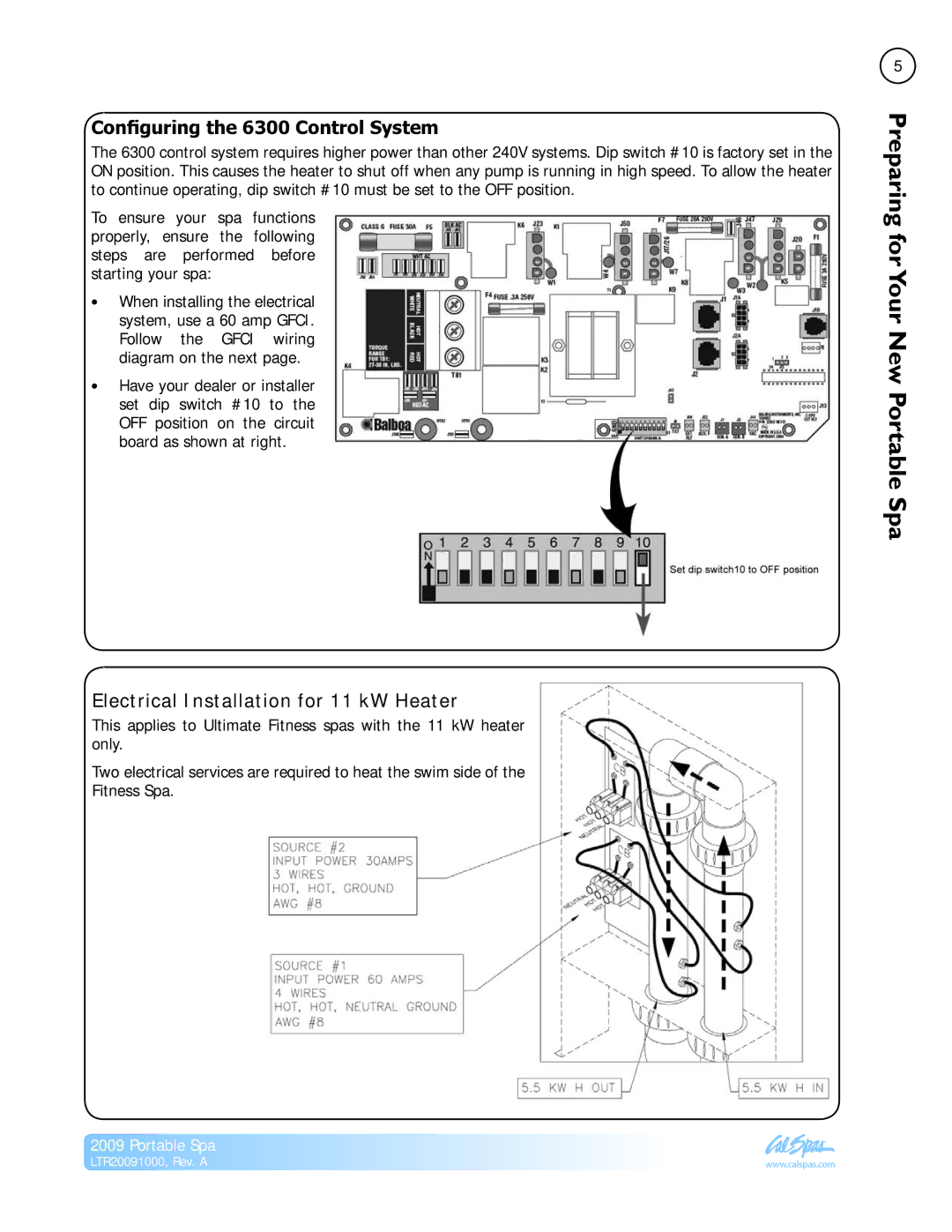 Cal Flame manual Your New Portable Spa, Configuring the 6300 Control System, Electrical Installation for 11 kW Heater 