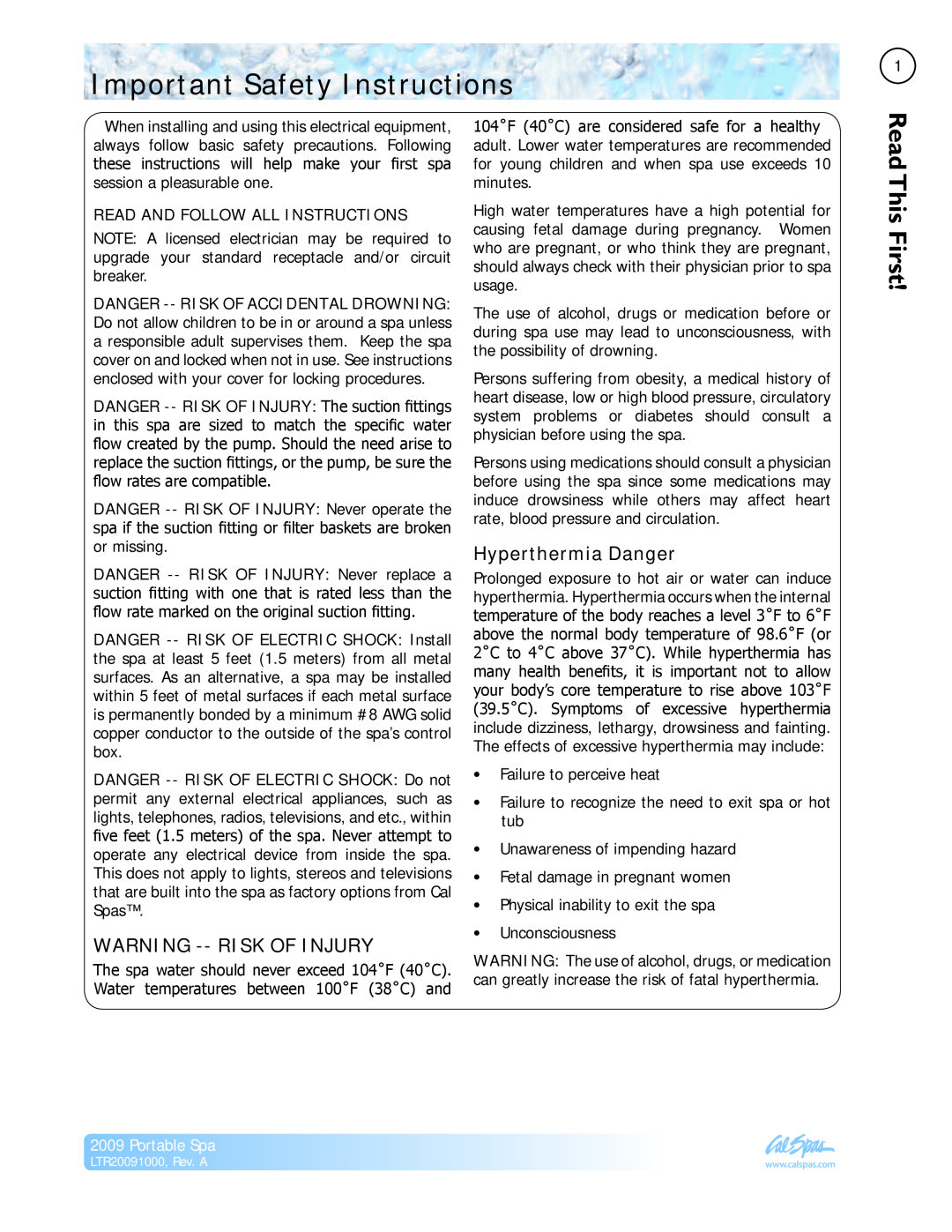 Cal Flame Portable Spa manual Important Safety Instructions, Read This First, Warning --Risk Of Injury, Hyperthermia Danger 