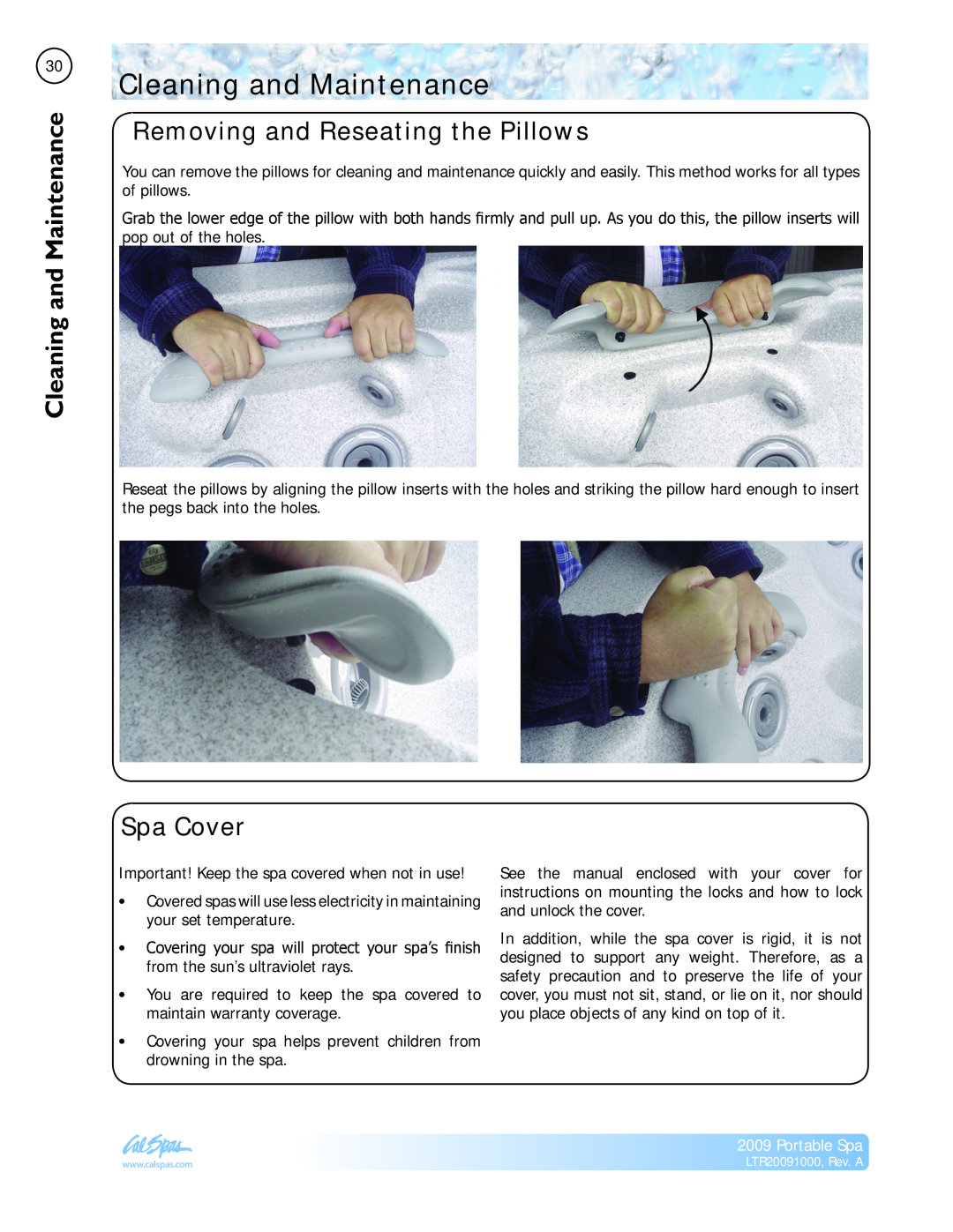 Cal Flame Portable Spa manual Cleaning and Maintenance, Removing and Reseating the Pillows, Spa Cover 