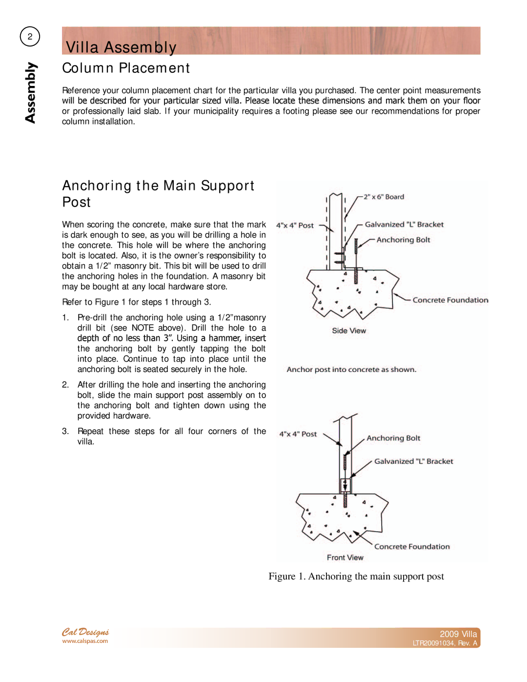 Cal Flame Spa Home Resort manual Villa Assembly, Column Placement, Anchoring the Main Support Post 