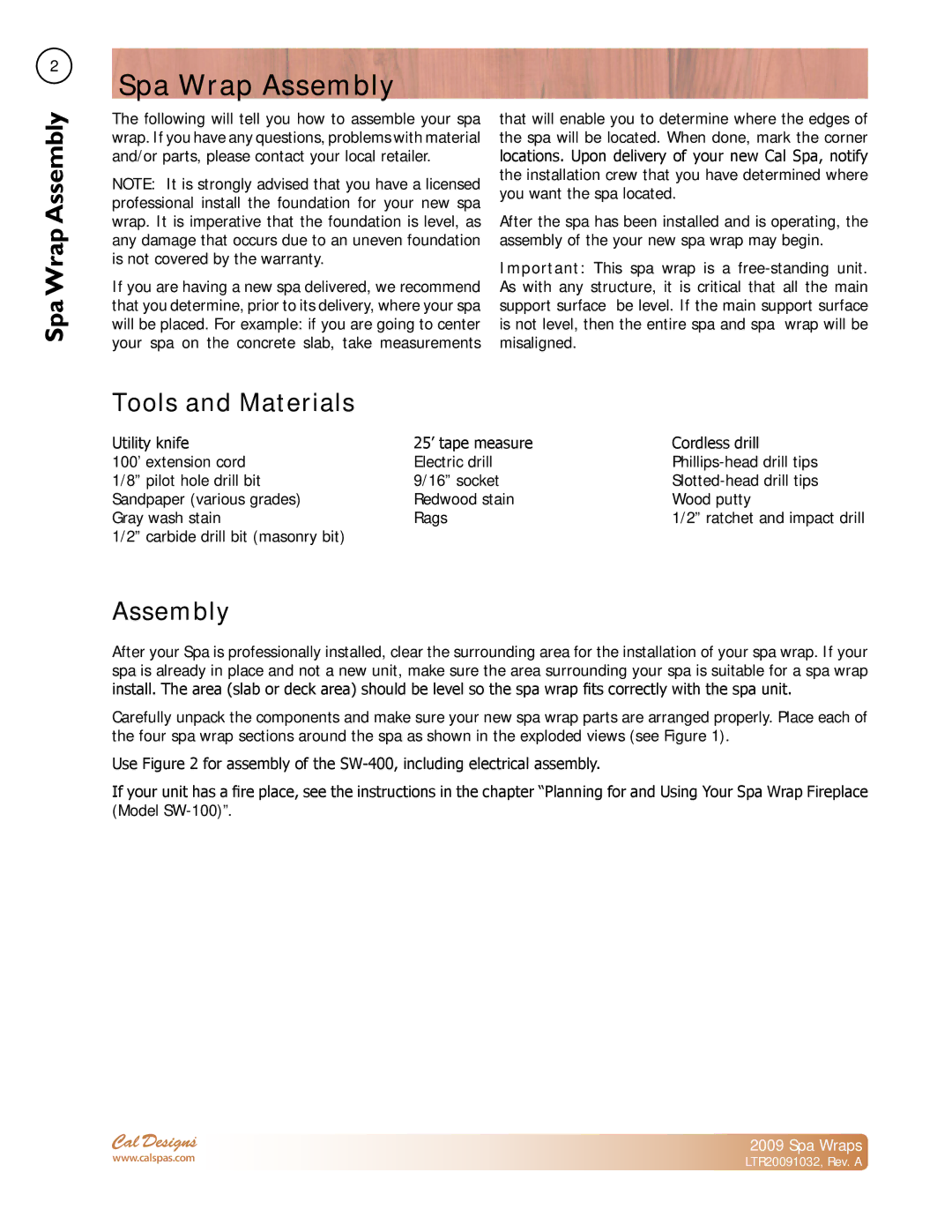 Cal Flame manual Spa Wrap Assembly, Tools and Materials 