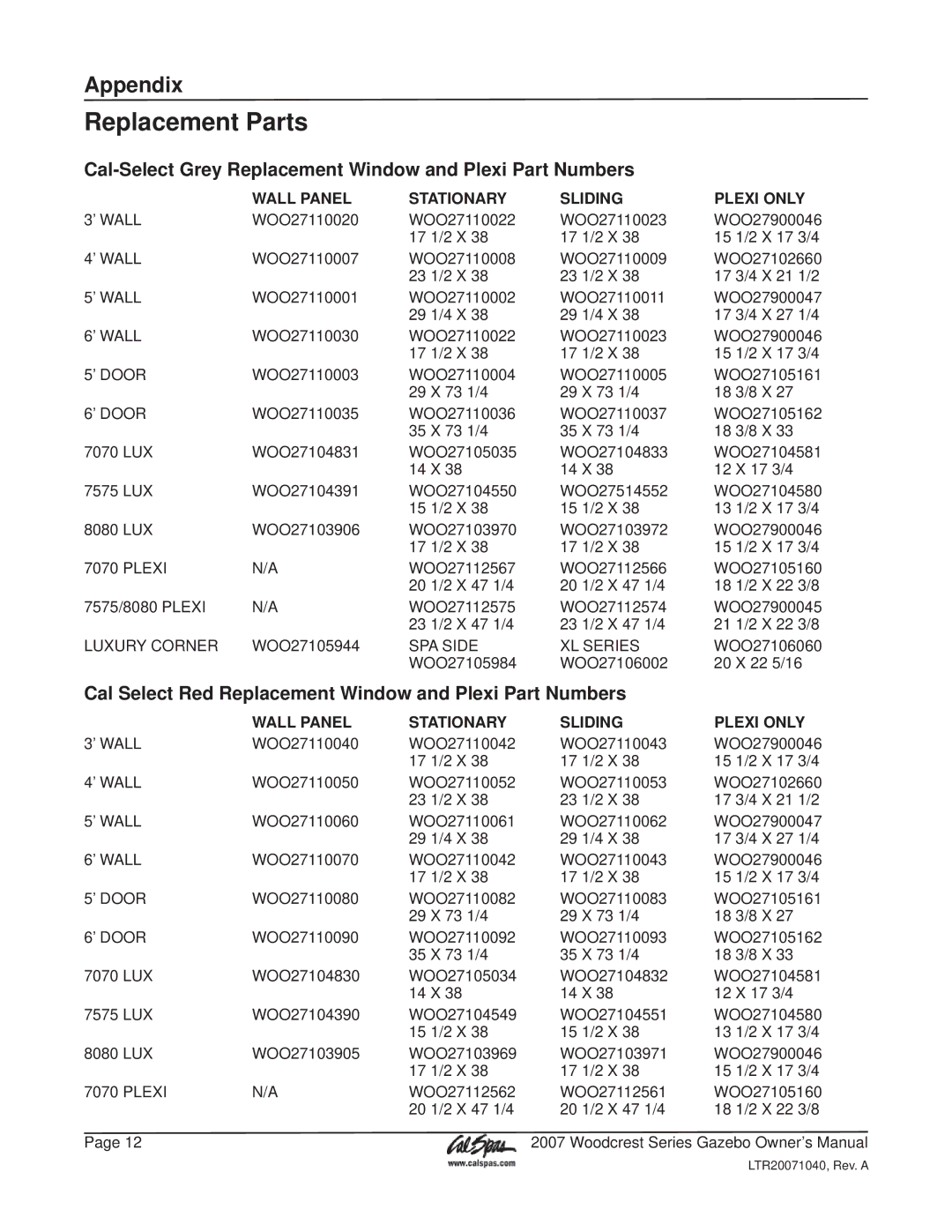 Cal Flame Woodcrest Series manual Replacement Parts, Cal-Select Grey Replacement Window and Plexi Part Numbers 