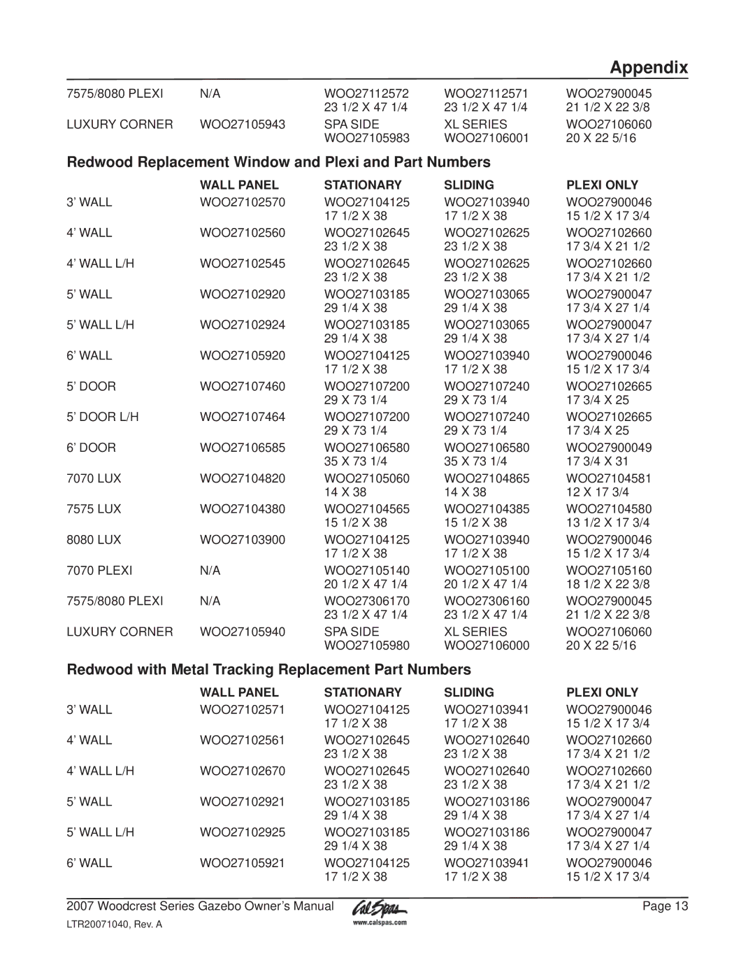 Cal Flame Woodcrest Series manual Redwood Replacement Window and Plexi and Part Numbers 