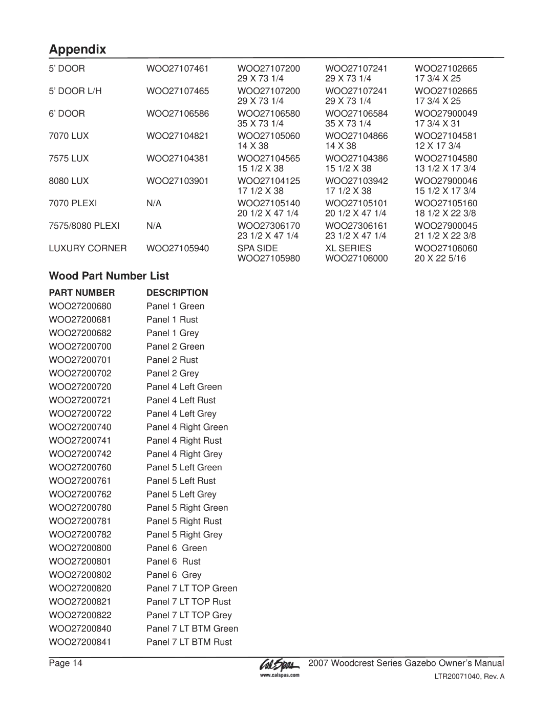 Cal Flame Woodcrest Series manual Wood Part Number List, Part Number Description 